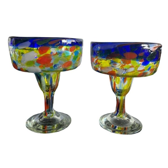 Handmade Dining Pair Of Hand Blown Rainbow Confetti Glass Margarita